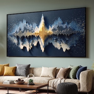 Abstract Sound Wave Canvas Wall Art, Layered Blue and Gold Design, Modern Home Decoration, Contemporary Waveform Art, Ready to Hang Canvas
