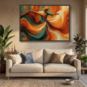 Flowing Fabric Dance, Elegant Woman Canvas, Vibrant Orange Teal Wall Art, Modern Abstract Canvas, Motion and Grace Home Decor image 5