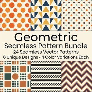 Può includere: Un grafico digitale che mostra un Geometric Seamless Pattern Bundle con il testo Geometric Seamless Pattern Bundle, 24 Seamless Vector Patterns, 6 Unique Designs, 4 Color Variations Each, con sei motivi distinti tra cui cerchi arancioni, triangoli blu e gialli, punti multicolori, quadrati e cerchi, strisce bianche e nere e linee a zigzag.
