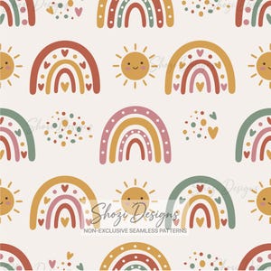 Op de afbeelding: Een naadloos patroon op een lichtcrème achtergrond met herhalende illustraties van regenbogen in tinten terracotta, mosterdgeel en saliegroen, afgewisseld met lachende zonnen en kleine hart- en stipmotieven. De tekst luidt Shozi Designs.