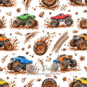 Monstertrucks sömlöst mönster, digitalt papper för barn, 4 färgställningar, tygdesign