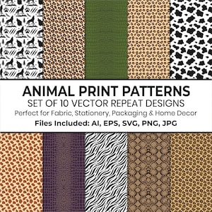 Op de afbeelding: Een digitale collectie van tien dierenprintpatronen met wolfsilhouetten, luipaardvlekken, groene krokodillenhuid, koeienvlekken, giraffevlekken, paarse reptielschubben, zebrastrepen en slangenhuistexturen met de tekst ANIMAL PRINT PATTERNS.