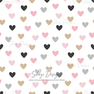 Może przedstawiać: Bezszwowy wzór na białym tle z powtarzającymi się kształtami serc w kolorze czarnym, jasnoróżowym, szarym i beżowym. Tekst Shozi Designs oraz Non-Exclusive Seamless Patterns jest nałożony jasnoszarym pismem odręcznym i czcionką bezszeryfową.