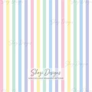 May include: A seamless digital pattern featuring repeating vertical stripes in pastel shades of pink, yellow, mint green, light blue, and lavender, separated by white lines. The text Shozi Designs and NON-EXCLUSIVE SEAMLESS PATTERNS is visible.