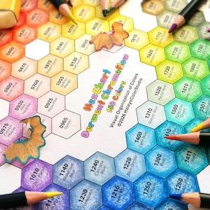 May include: A Hex Chart for Derwent Chromaflow 150 colours featuring a hexagonal grid of colour swatches with printed names and numbers. Several coloured pencils and pencil shavings are arranged on the chart, which includes the text Visual Organization of Colours ©2026 HaleysColorStudio.