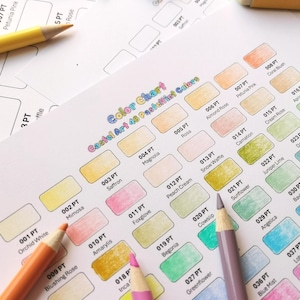 May include: A printed color chart titled Castel Art 48 Pastel Tint Colors featuring rows of rectangular swatches in various pastel shades. Several colored pencils in shades of pink, yellow, and purple are placed on the paper, along with a yellow eraser.