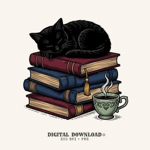 Black Feline PNG Cat Literature Gift Line Art Digital Download Cat Printable Cat Fan Feline Art PNG Book Graphic Classic Book Stack
