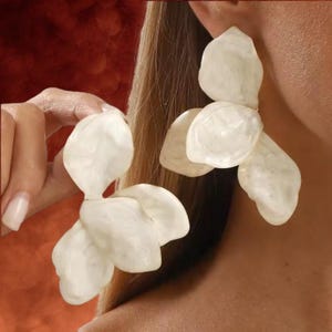 Oversized White Enamel Flower Statement Earrings, Romantic Bridal Wedding Jewelry