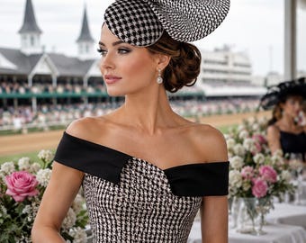 Chapeau bibi à motif pied-de-poule noir et blanc, grand nœud, style derby, idéal pour une invitée à un mariage, une cérémonie religieuse ou un goûter.