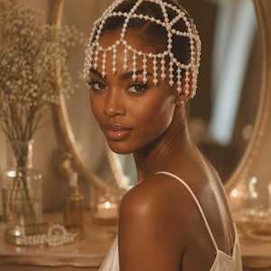 May include: A headpiece constructed from interconnected strands of white faux pearls arranged in a lattice pattern, featuring dangling pearl fringe accents that drape over the forehead and temples, creating a decorative cap-like structure.