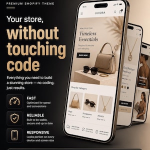 Könnte beinhalten: Eine digitale Darstellung des Shrine Theme 1.7.0 für Shopify auf drei Smartphones. Die Bildschirme zeigen eine Luxora-Shop-Oberfläche mit Produktkategorien wie Taschen, Sonnenbrillen und Schmuck sowie Texten wie Timeless Essentials und Your store, without touching code.