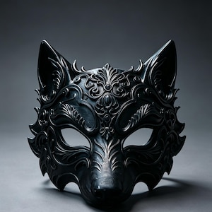 Könnte beinhalten: Eine schwarze Wolfsmaske mit detaillierten, erhabenen Schnörkeln und Filigranverzierungen auf der Stirn, der Schnauze und den spitzen Ohren. Die Maske hat zwei große, mandelförmige Augenöffnungen und eine glatte, matte Oberfläche.