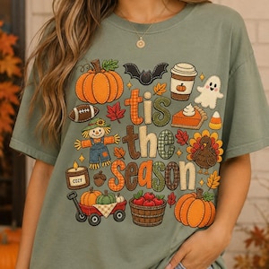 Tis the Season Fall Patchwork PNG, Faux Embroidery Autumn Sublimation, Thanksgiving Halloween Football Design