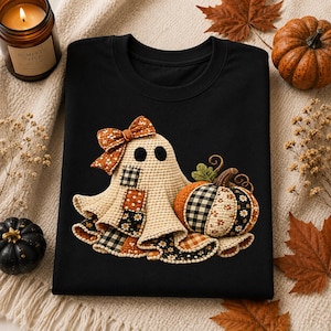 Zucca fantasma patchwork PNG, design trapuntato di Halloween per sublimazione, accogliente download digitale autunnale