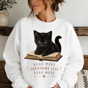 Black Cat Reading PNG, Book Lover Sublimation Design, Read More Overthink Less Purr More, Digital Download