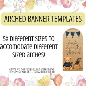 May include: Arched banner templates with floral borders. Text reads: ARCHED BANNER TEMPLATES, 5X DIFFERENT SIZES TO ACCOMODATE DIFFERENT SIZED ARCHES!, canva pro not required, BUT WATERMARKS MAY APPEAR WITHOUT A CANVA PRO ACCOUNT. Includes a sample arch.