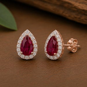 Ruby Stud Earrings | Pear Ruby Halo Earrings | Rose Gold Earrings | July Birthstone Jewelry | Bridal Earrings | Gift for Her