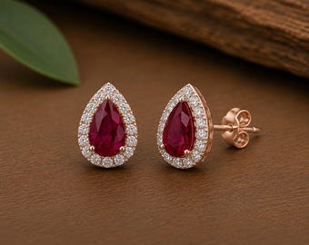 Boucles d'oreilles rubis | Boucles d'oreilles halo rubis poire | Boucles d'oreilles or rose | Bijoux pierre de naissance juillet | Boucles d'oreilles de mariée | Cadeau pour elle