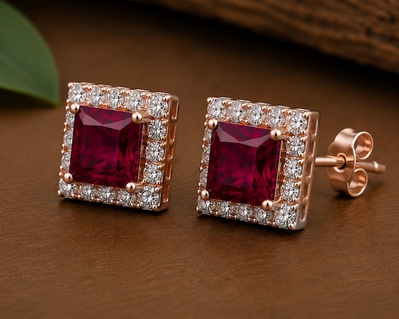 Peut inclure: Une paire de boucles d'oreilles carr&eacute;es avec une pierre centrale rouge fonc&eacute; taille princesse entour&eacute;e d'un halo de petites pierres rondes transparentes serties dans une monture en m&eacute;tal or rose avec une tige de fermeture.