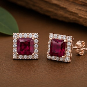 Ruby Stud Earrings | Princess Cut Ruby Halo Earrings | Rose Gold Stud Earrings | July Birthstone Jewelry | Bridal Gift for Her