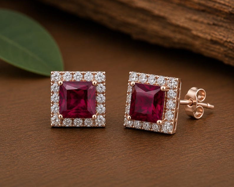 Peut inclure: Une paire de boucles d'oreilles &agrave; clous avec une pierre pr&eacute;cieuse rouge fonc&eacute; de taille carr&eacute;e mont&eacute;e sur or rose. Chaque boucle pr&eacute;sente une pierre centrale carr&eacute;e entour&eacute;e d'un halo de petites pierres rondes transparentes.
