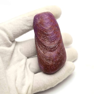 May include: A raw, elongated ruby crystal with a deep purple and reddish-brown hue, featuring a natural, textured surface with visible horizontal striations and a slightly rounded, irregular shape held against a plain white background.