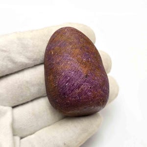 May include: A polished, egg-shaped gemstone featuring a mottled texture with deep purple and earthy brown color variations. The surface displays a natural, slightly rough appearance with visible striations and organic patterns throughout the stone.