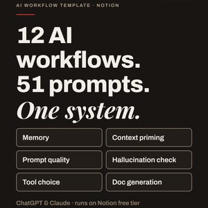 Puede incluir: Una plantilla digital para Notion titulada AI Workflow Template. El texto dice 12 AI workflows. 51 prompts. One system. Enumera categorías que incluyen Memory, Context priming, Prompt quality, Hallucination check, Tool choice y Doc generation.