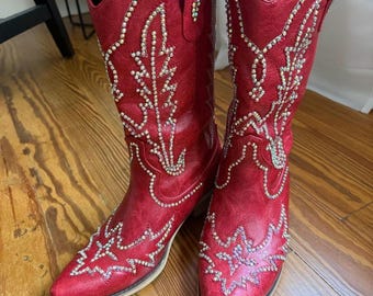 Custom Red Rhinestone Cowgirl Boots - Handcrafted Sparkly Bling Houston Rodeo Texans Western Cowboy Boots **Front-Face Design Only**