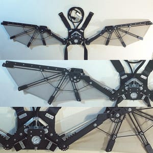 May include: A black and silver mechanical wing harness with a steampunk aesthetic. The harness has a clock face and is designed to be worn on the back. The wings are made of fabric and are attached to the harness with metal rods.