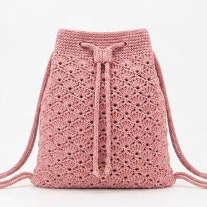 Handmade Dark Blue Crochet Backpack, Shell Stitch Drawstring Bag, Aesthetic Boho Rucksack, Cute Everyday Daypack with Custom Leather tag PDF