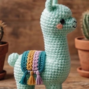 May include: A mint green crocheted llama figurine featuring a small black eye, a stitched mouth, and pink circular cheek details. The llama wears a decorative saddle blanket with vertical stripes in teal, mustard yellow, and lavender, finished with matching tassels.