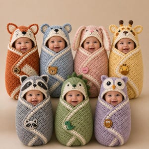 May include: Seven infants wrapped in crocheted swaddles, each featuring a different animal hood design including a fox, bear, rabbit, giraffe, raccoon, dinosaur, and owl, with matching wooden buttons secured on the front of each colorful blanket.