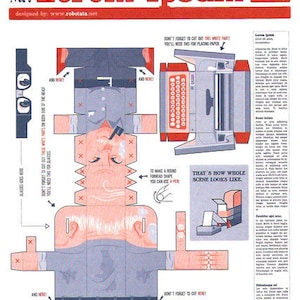 Puede incluir: Un modelo de papercraft imprimible de un hombre con una máquina de escribir. El modelo está formado por varias piezas que se recortan y pegan. Las instrucciones incluyen recortar las partes blancas de la cabeza para las gafas y la parte blanca de la máquina de escribir para colocar el papel. El modelo está diseñado por robotata.net.
