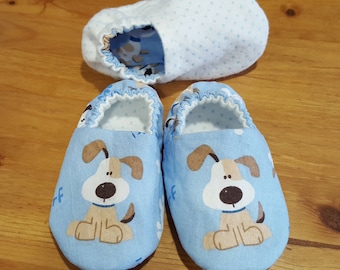 Reversible crib shoes Puppy Dog design booties blue Polka Dot soft sole baby shoes slippers