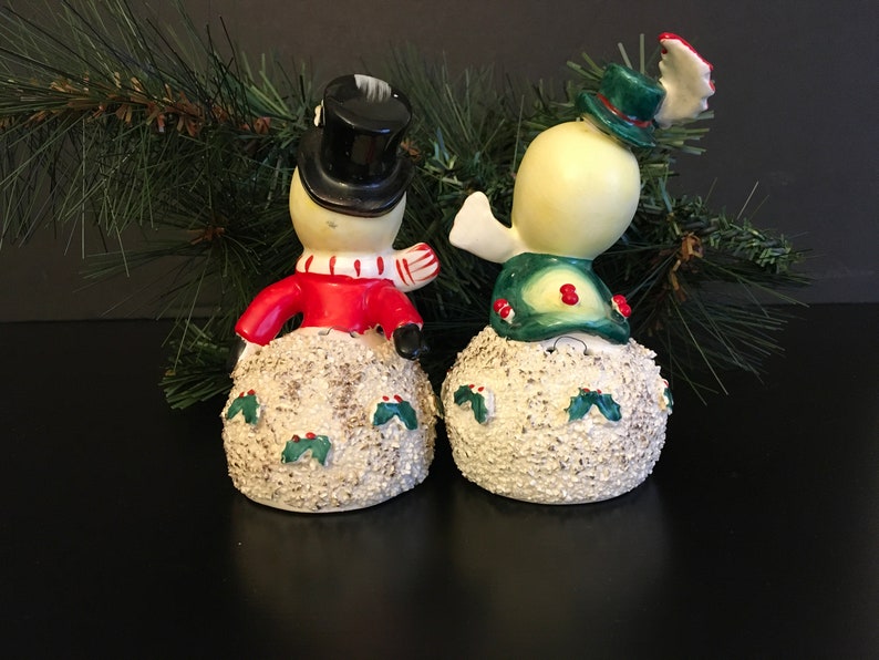 Lefton Christmas Kissing Snowball Boy and Girl Bells Retro Kitschy