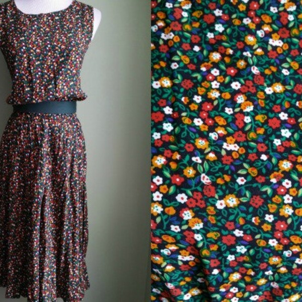 1980's Ditsy Floral Rayon Dress - Vintage 80's Day Dress - Sundress - Medium M / Large L