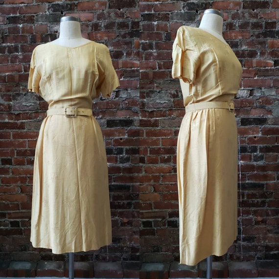 1950s Golden Silk L'Aiglon Dress - Embossed - Medi