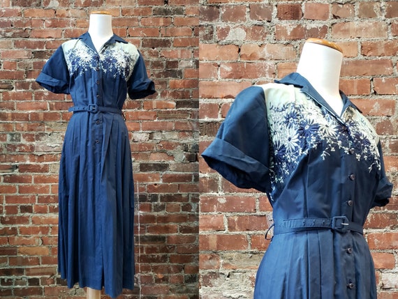 1950s Blue Day Dress - Vintage 50s Day Dress - Med