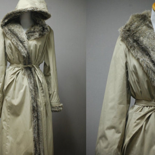 1970 ' s Winter Jacket guerrier - bordée de fausse fourrure Trench Coat - grand