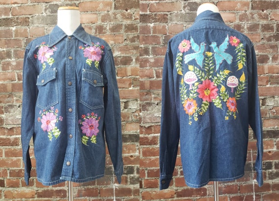1970s Dark Denim Jacket - Embroidered Denim - Sanf
