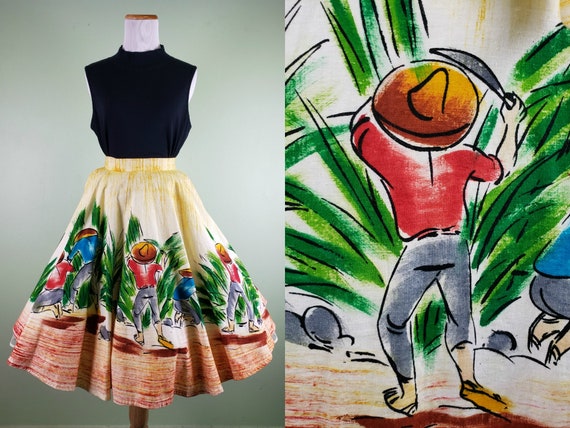 1950s Mexican Hand Painted Skirt - Lavable Full Ci
