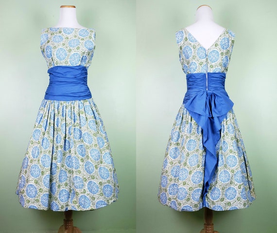 1950s Tiki Oasis Dress - Ruched Banded Waist - Med