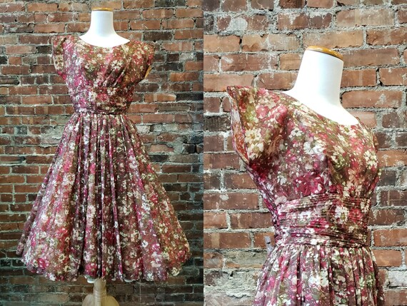 1950s Party Dress - Floral 50s Dress - Small