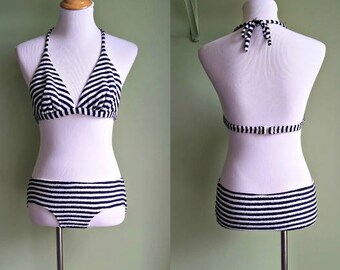 1970s Navy and White Terrycloth Bikini - Small/Med