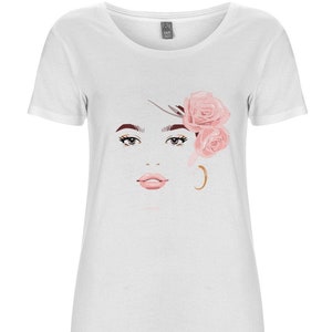 Women&#39;s White T-shirt with Girl&#39;s Face Image and Peach Roses, Organic Cotton T Shirt, Casual wear, Women&#39;s Top, Limited Edition