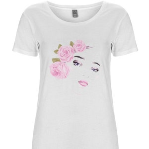 Women&#39;s White T-shirt with Girl&#39;s Face Image and Pink Roses, Organic Cotton T Shirt, Casual wear, Women&#39;s Top, Limited Edition