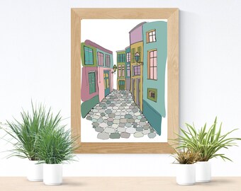 Unframed Art Print A3 or A4 of Cobbled Streets of an Old Town, Street Scene, Architecture Print,