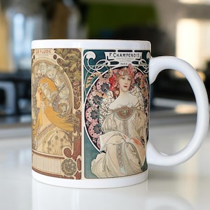 Ceramic Mug 11oz with Art Nouveau Alphonse Mucha Print, Coffee Cup, Tea Cup, Drinkware