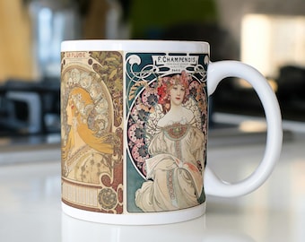 Ceramiczny kubek 11 uncji z nadrukiem Art Nouveau Alphonse Mucha, filiżanka do kawy, filiżanka do herbaty, naczynia do picia